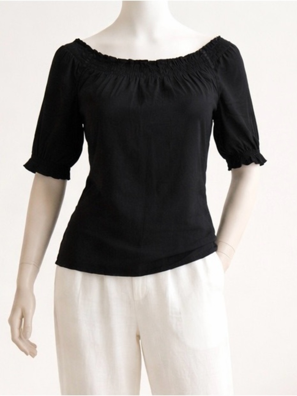 Theory Black Off-Shoulder Smocked Blouse